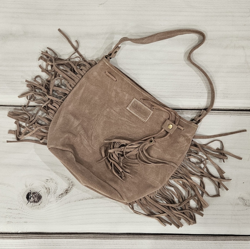 Meitaley Handmade Genuine Suede Fringe Shoulder Bag – Taupe Boho Western Style